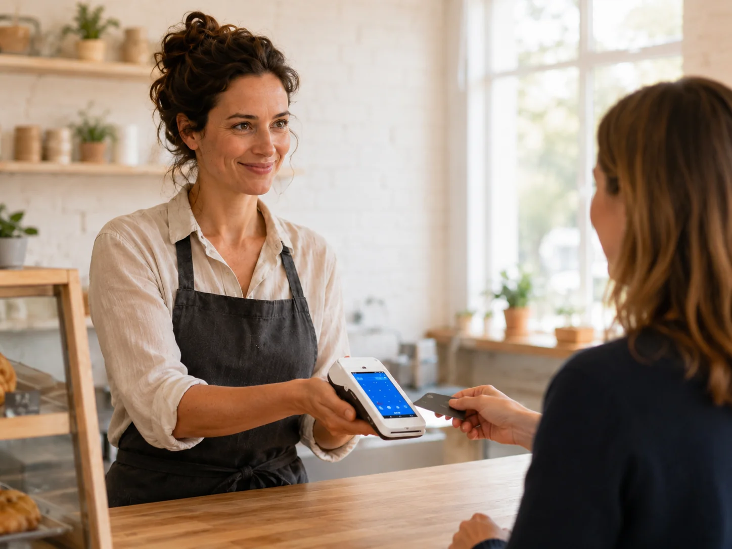 Kartenzahlung in einer Bäckerei Bäckerin kassiert eine Kundin per Kartenzahlung an einem mobilen Terminal.